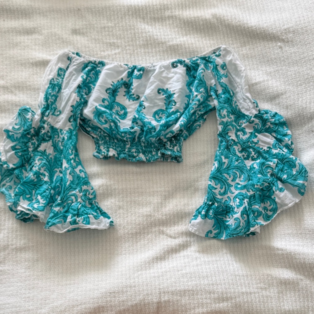White & Teal Off-Shoulder Crop Top